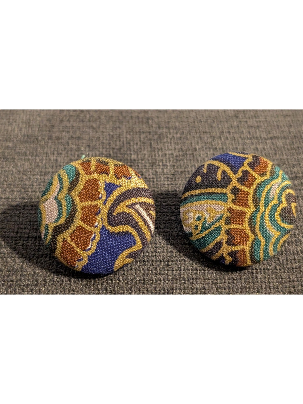 Colorful Fabric Button Pierced Earrings Blue Gold Brown Green Round 1.25" bp-110
